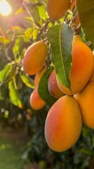 Ripe mangoes on the tree in the sun.