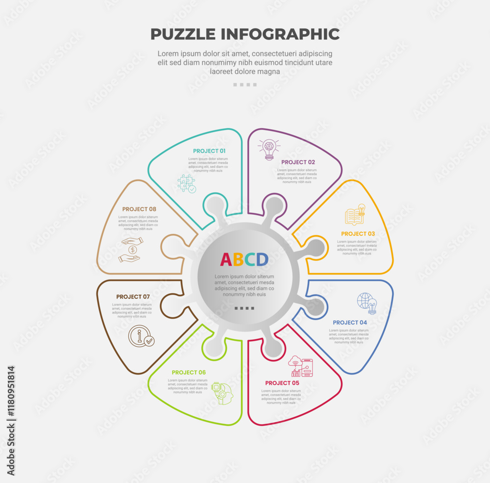 Poster puzzle infographic outline style with 8 point template with round circle cycle circular on circle ce