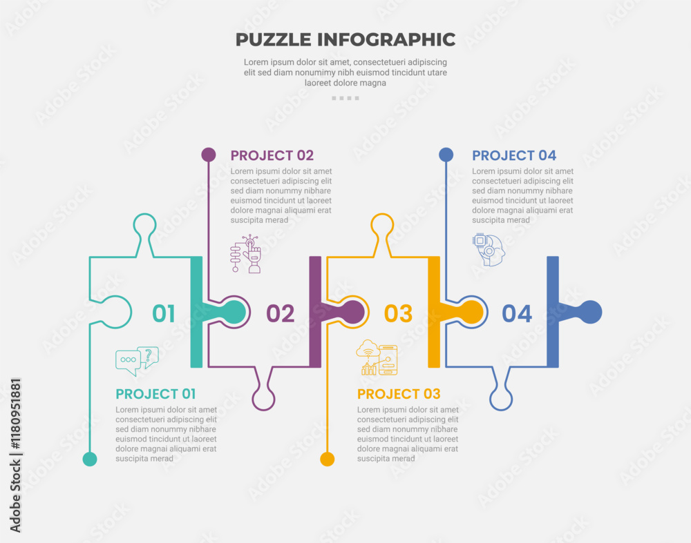 Poster puzzle infographic outline style with 4 point template with square box on horizontal direction for s