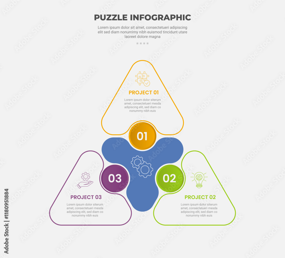 Aufkleber puzzle infographic outline style with 3 point template with triangle structure with circle connectio