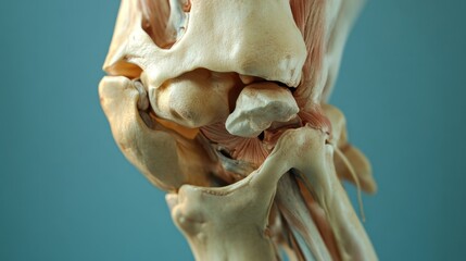 Naklejka premium A detailed anatomical model of a human knee joint, showcasing bones, ligaments, and cartilage against a blue background.