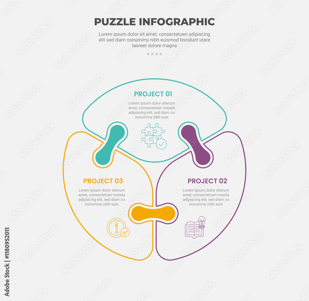 Aufkleber puzzle infographic outline style with 3 point template with round shape on circle with join connecti