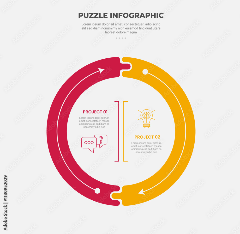 Poster puzzle infographic outline style with 2 point template with big circle thick outline arrow circular 