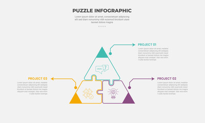 puzzle infographic outline style with 3 point template with triangle base structure with arrow line for slide presentation