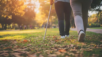 A photo of a person guiding a visually impaired individual through a park.