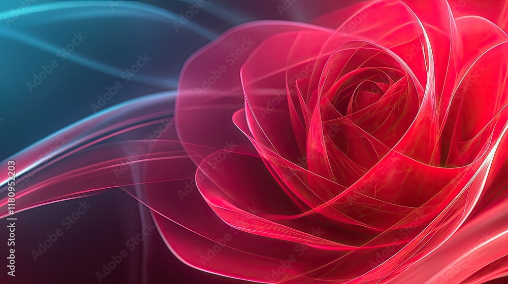 Poster luminous red rose with ethereal swirls of light on soft background