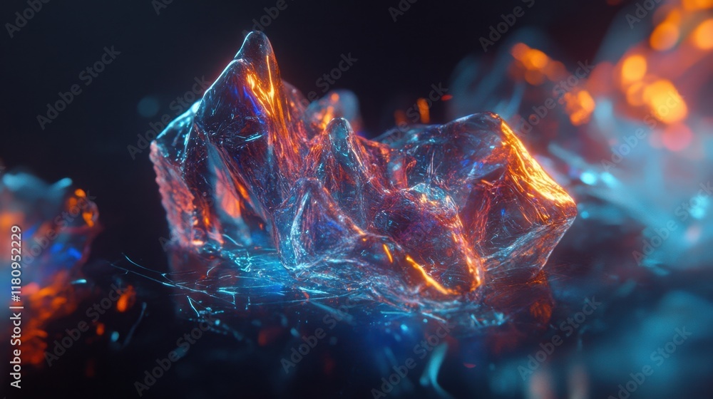 Poster a stunning, close-up view of crystal-like formations illuminated by vibrant blue and orange lights, 