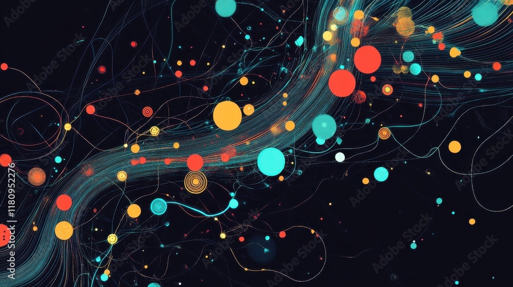 Poster a vibrant abstract representation of colorful dots and swirling lines against a dark background, sug