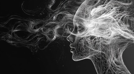 A stylized, monochromatic profile of a human head with ethereal smoke-like wisps emanating from it, symbolizing thought or creativity.