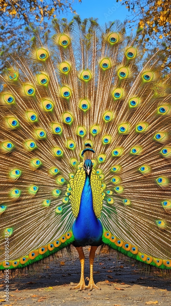 Poster a vibrant peacock displaying its colorful feathers in a natural setting.