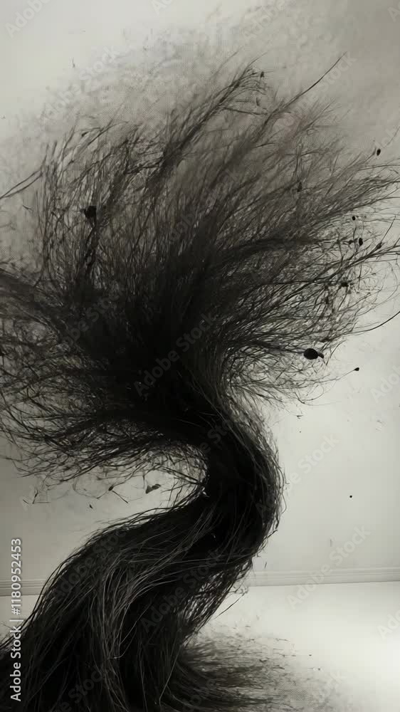 Poster unique abstract representation of swirling dark strands resembling a tree in a minimalist setting