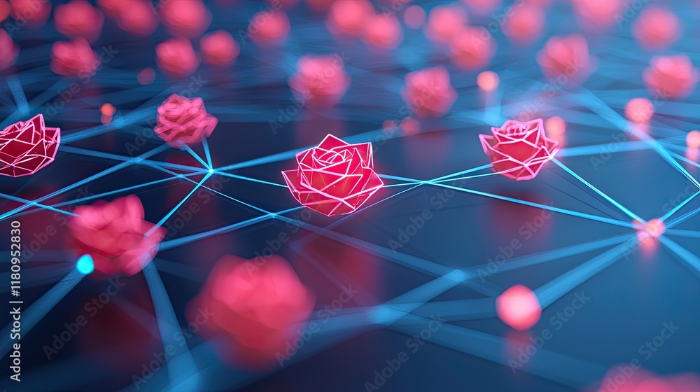 Poster futuristic digital roses connected through neon lines in a three-dimensional space representation