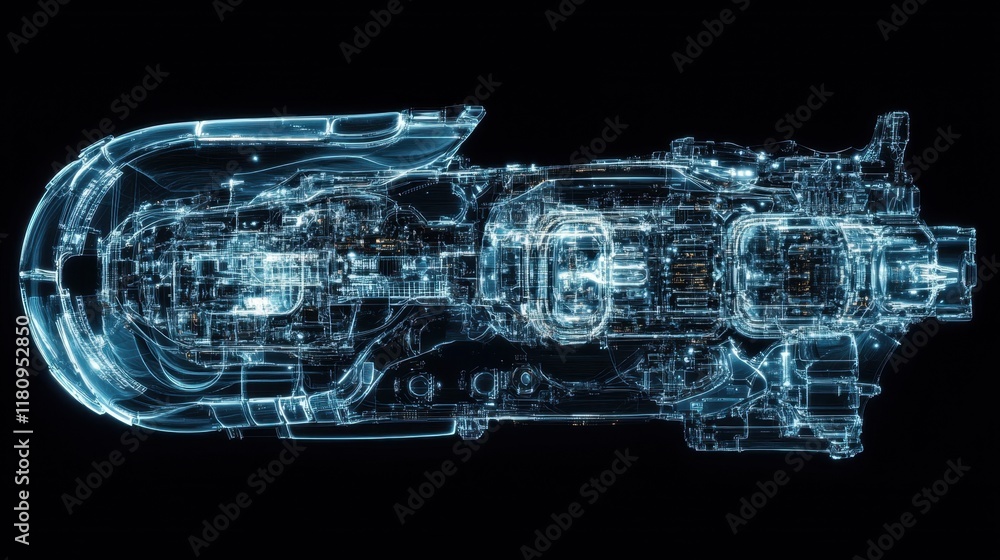 Poster a futuristic, transparent 3d rendering of complex machinery, showcasing intricate details and techno