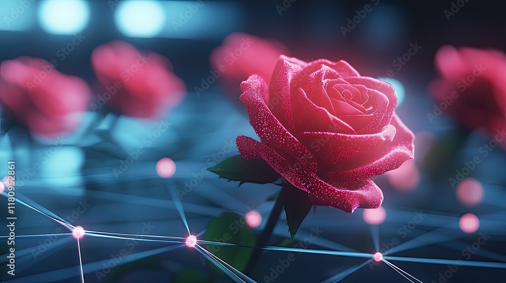 Poster elegant rose surrounded by abstract digital connections and glowing nodes in a mysterious atmosphere