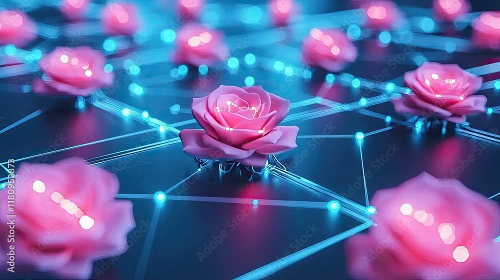 Poster roses with neon lights in a digital network setting representing technology and nature fusion
