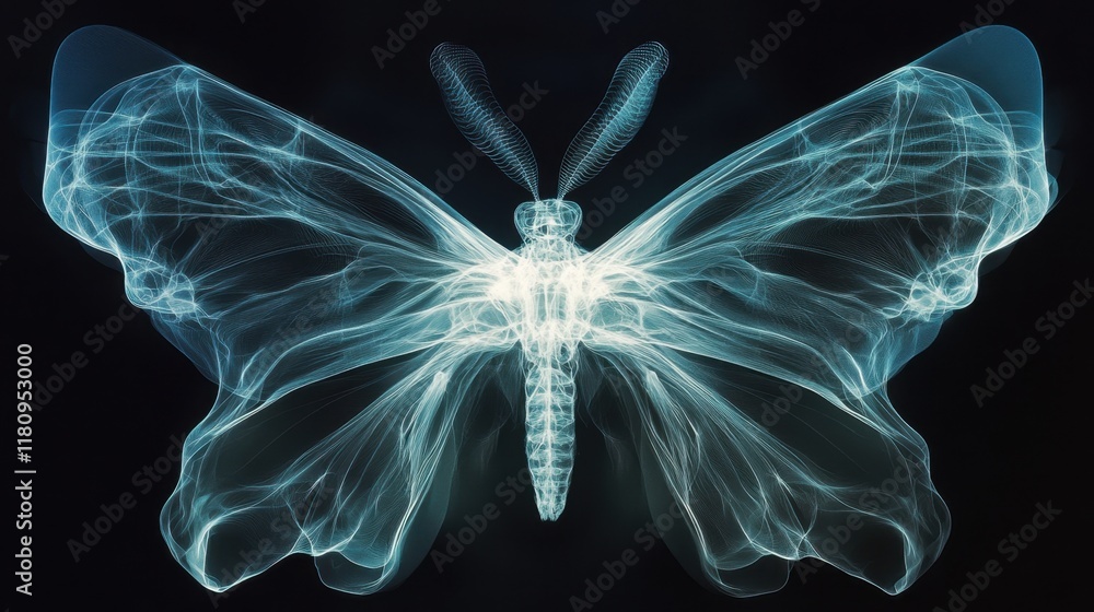 Poster an ethereal butterfly illuminated in soft blues and whites, showcasing delicate wings with intricate