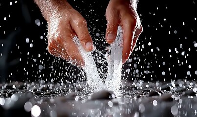 Fototapeta premium Joyful water splashes, vibrant crowd, low angle view, summer fun, laughter and excitement, carefree moments, sunlit scene, playful atmosphere