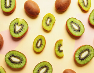 Fototapeta premium Fresh Kiwi Fruit Slices Pastel Background Minimalist Food Photography