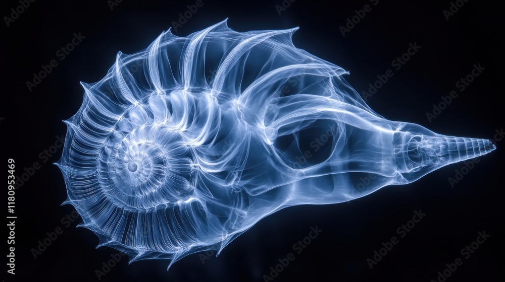 Poster a translucent shell with intricate spiral patterns glows against a dark background, showcasing its n