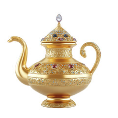 n ornate golden teapot adorned with intricate designs and colorful gemstones. showcasing craftsmanship and elegance its purpose is likely for decorative use or as a luxurious serving piece for tea