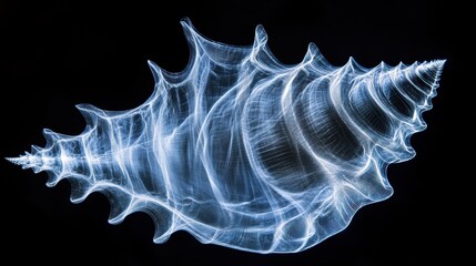 A translucent, spiral seashell glows against a dark background, showcasing intricate patterns and delicate textures.