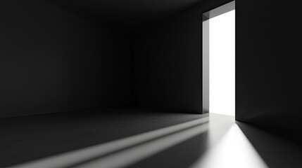 Abstract black and white interior background with concrete walls, floor, and ceiling, a minimalism concept. Black room interior design of modern architecture in the light from the window