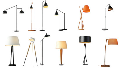 a variety of floor lamps in different designs. colors. and styles. highlighting modern lighting solutions for interior spaces each lamp features unique shapes and structures. serving both functional a