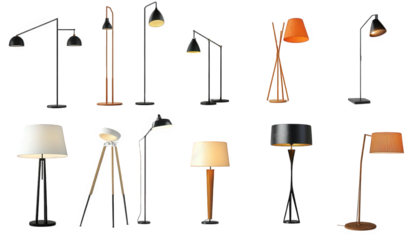 a variety of floor lamps in different designs. colors. and styles. highlighting modern lighting solutions for interior spaces each lamp features unique shapes and structures. serving both functional a