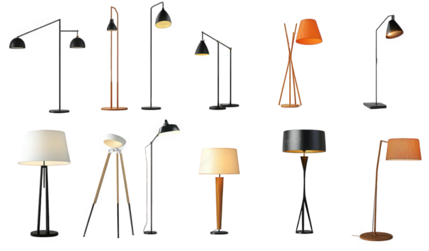 a variety of floor lamps in different designs. colors. and styles. highlighting modern lighting solutions for interior spaces each lamp features unique shapes and structures. serving both functional a