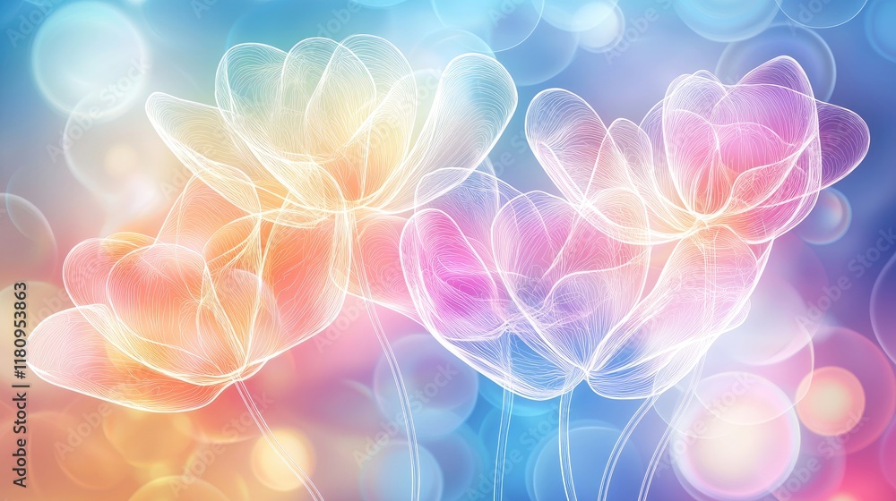 Poster colorful abstract flower design with soft bokeh background and whimsical line art effects