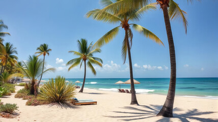 Fototapeta premium Summertime on the beach. Palms and plants