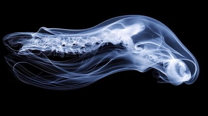 A translucent jellyfish glides gracefully through dark water, showcasing its delicate, flowing tentacles and ethereal beauty.