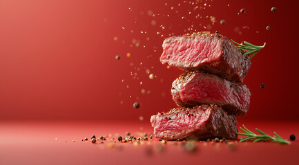Fototapeta premium Steak. Meat Long, pieces of meat, on a red background, created with Generative AI technology.