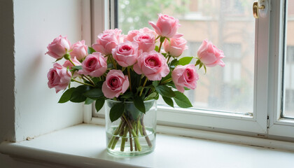 Pink roses in a glass vase on the windowsill. AI Generation 