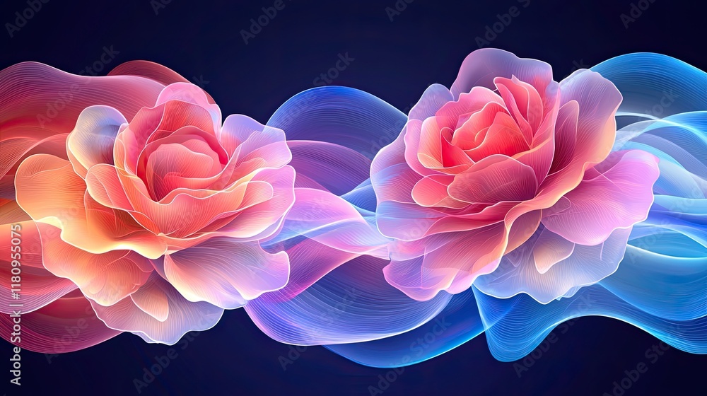 Poster elegant hand-drawn roses with colorful swirls creating a dreamy floral background design for use in 