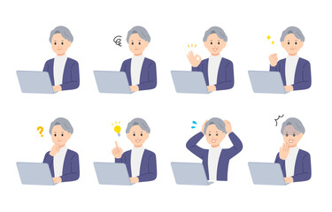 パソコンを見ながらいろいろな表情･ポーズをするシニア女性･高齢者のセット【人物ベクターイラスト素材】