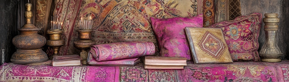 Poster a display of vibrant textiles and decorative items showcasing intricate patterns and colors.