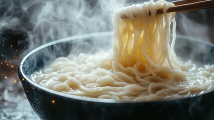 Noodles being pulled from a bowl kitchen closeup photography steamy environment eye-level view culinary delight