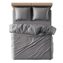 a neatly arranged bed with a gray duvet and matching pillows. showcasing a minimalist design that emphasizes comfort and style the bedding appears smooth and inviting. ideal for a cozy bedroom setting