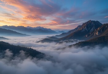 Obraz premium Majestic Sunrise Over Foggy Mountain Ranges