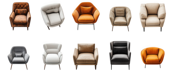 a collection of ten stylish armchairs arranged in a grid format. featuring various designs. colors. and textures the chairs range from modern to cozy styles. highlighting their aesthetic appeal and fu