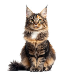 Obraz premium a beautifully detailed portrait of a maine coon cat. showcasing its striking fur patterns. large ears. and expressive eyes against a clean white background cat's majestic presence and charm. emphasiz