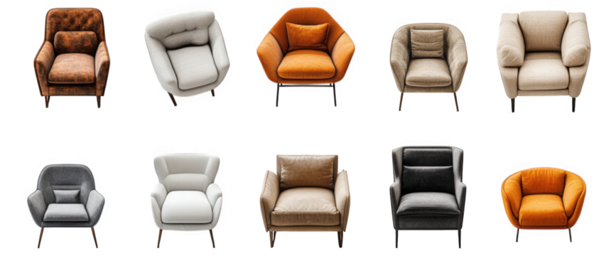 a collection of ten stylish armchairs arranged in a grid format. featuring various designs. colors. and textures the chairs range from modern to cozy styles. highlighting their aesthetic appeal and fu