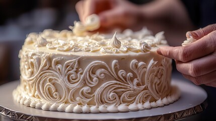 Artistic hands decorating a cake with icing kitchen food preparation indoor close-up cake decoration techniques