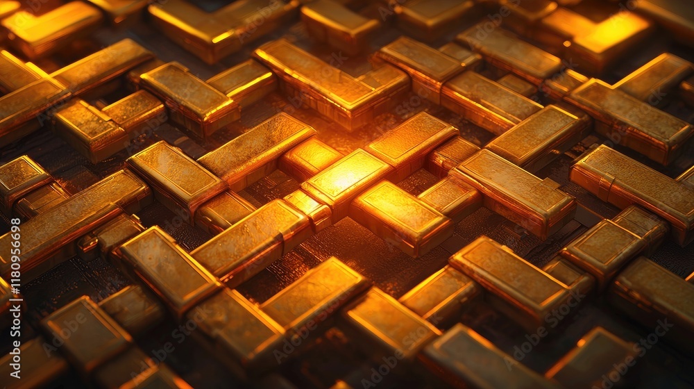 Poster Intricate Pattern of Shiny Gold Bars Reflecting Warm Light on a Dark Surface with Textural Details and Depth