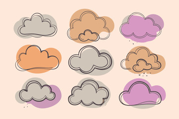 Cartoon white clouds icon set isolated on blue background. Cloudscape in flat style. Blue sky cloud weather symbol. Vector illustration cloudy panorama 
