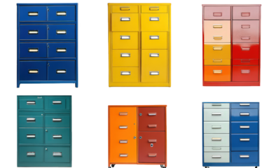 collection of colorful metal filing cabinets arranged in a grid pattern. showcasing various designs and colors. including blue. yellow. red. green. and orange these cabinets are typically used for org