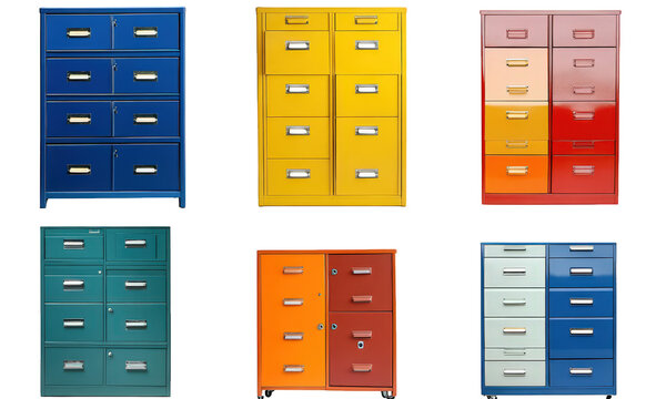 collection of colorful metal filing cabinets arranged in a grid pattern. showcasing various designs and colors. including blue. yellow. red. green. and orange these cabinets are typically used for org