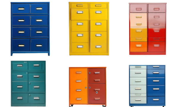 collection of colorful metal filing cabinets arranged in a grid pattern. showcasing various designs and colors. including blue. yellow. red. green. and orange these cabinets are typically used for org