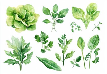 Beautiful Collection of Fresh Green Leafy Vegetables and Herbs for Culinary Use and Healthy Eating, Illustrating Various Types and Textures in a Vibrant Arrangement